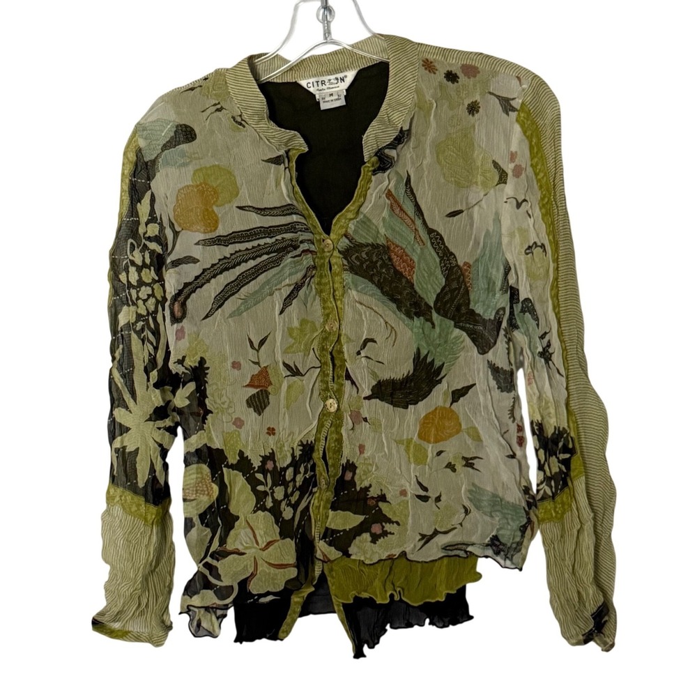 Citron Santa Monica Silk Sheer Top Green Floral Button Up Blouse - Medium